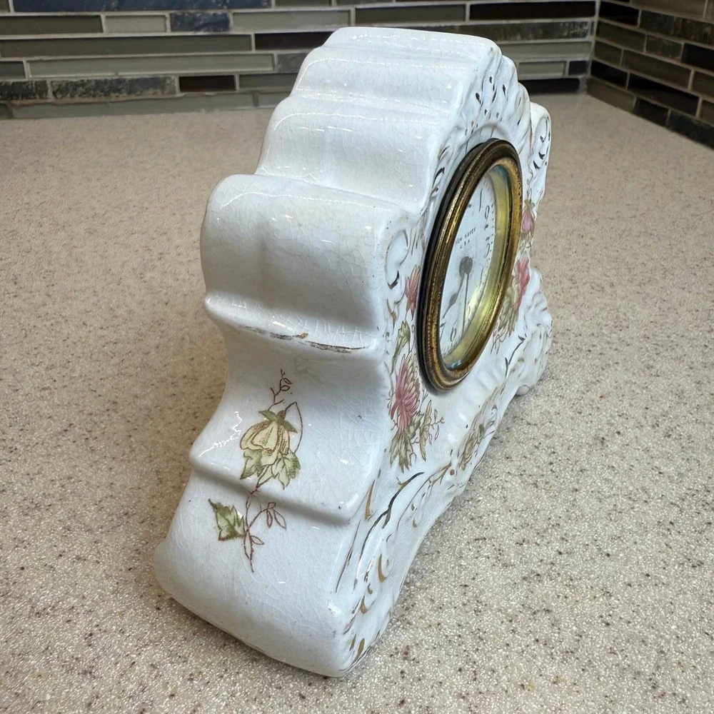 Antique 1800s New Haven Clock Co Victorian Porcelain Wind-Up Mantel Clock 6